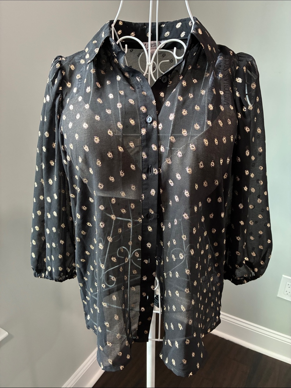 Nanette Lepore Black Sheer Blouse with Gold Dot Motif
